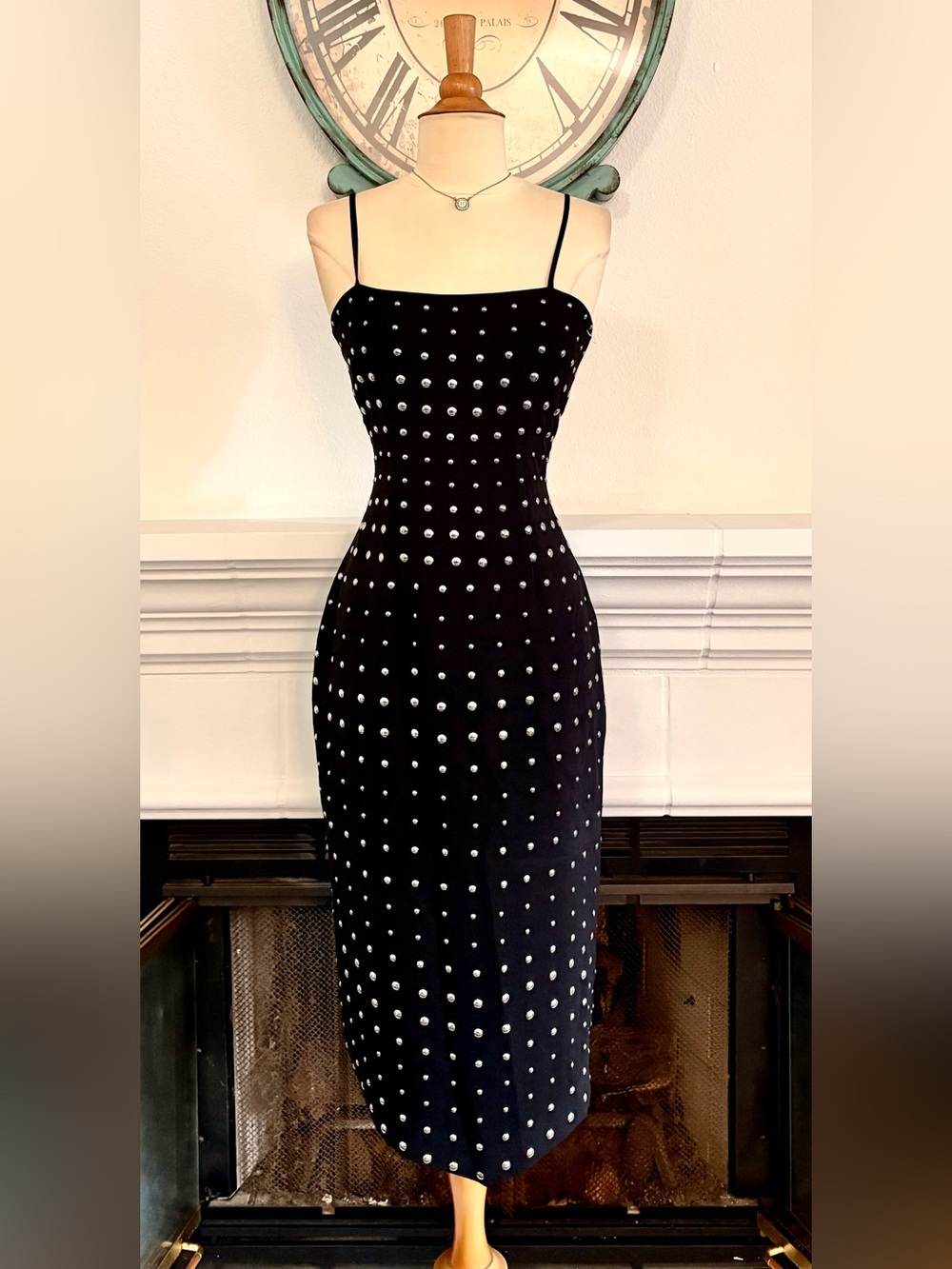Black Studded Bodycon Midi Dress - Women's Spaghetti Strap